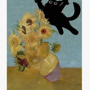 ひまわり 黒猫 キャンバスアートプリント ポスター