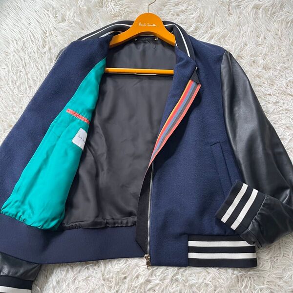 【現行美品】Paul Smith ポールスミス レザー切替え スタジャン MA-1 マルチストライプ ブルゾン メンズ L