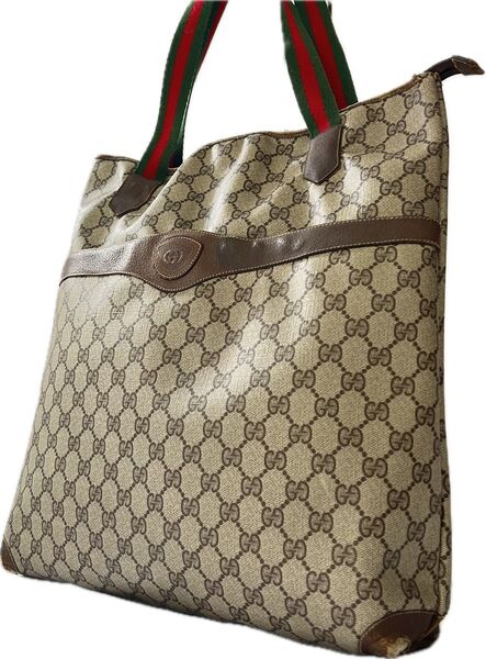 GUCCI オールドグッチ GGスプリーム シェリーライン トートバッグ ブラウン ロゴ PVC 肩掛け 通勤通学 旅行 金ジップ