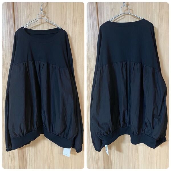 新品タグ付きカットソーXL☆ゆったり☆大きいサイズ☆ブラック☆長袖☆個性派☆おしゃれ見え☆ドッキング☆異素材