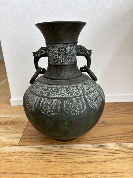 能作吉秀 吉秀 青銅製 高岡銅器 花器 31cm 花瓶 青銅 鳳凰 Japanese craft 壺 金属工芸 花入 インテリア
