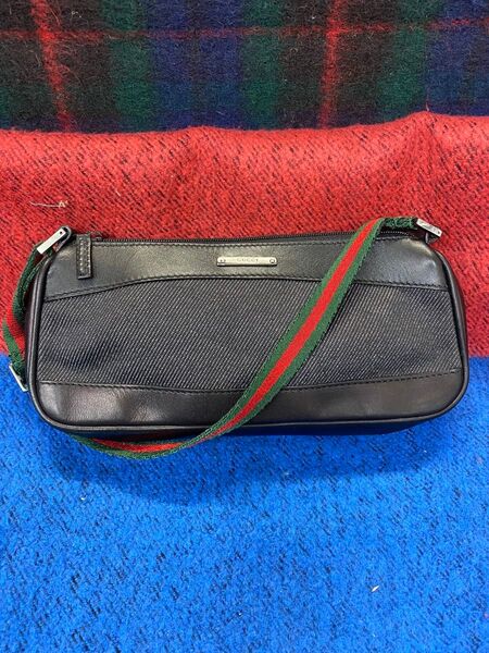 GUCCI グッチ ミニショルダーバッグ ハンドバッグ アクセサリーポーチ シェリーライン ウェブライン デニム×レザー 黒