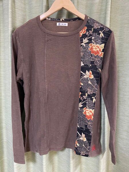 和柄 ロンT TEN-NEN 天 花柄 茶色 サイズM 長袖 カットソー トップス ロンT 長袖Tシャツ 長袖カットソー M