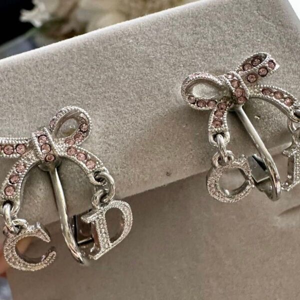 Dior イヤリング リボン ピンクストーン シルバー ロゴピアス Christian アクセサリー ピアス ヴィンテージ