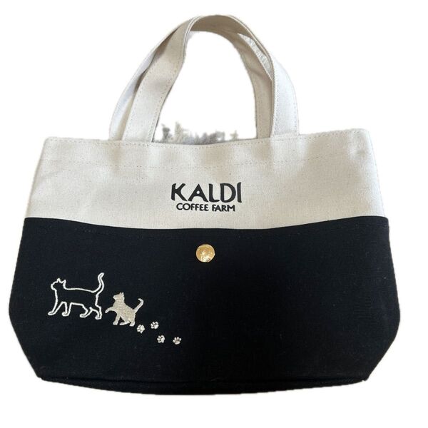 KALDI カルディ ミニトートバッグ ネコ 刺繍 アイボリー×ブラック