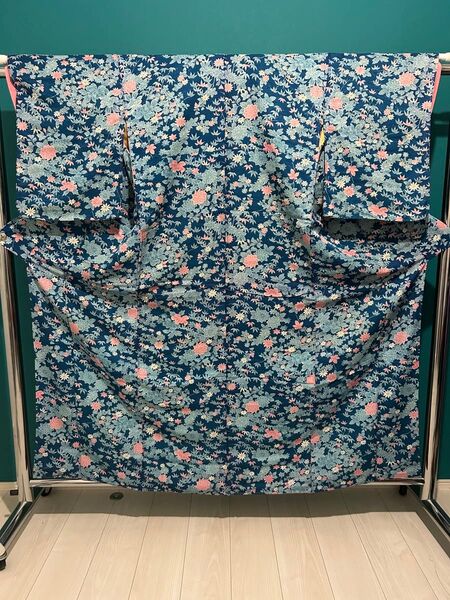 レディース着物24 青水色 ピンク 小紋 正絹 ちりめん 紬 訪問着 アンティーク ビンテージ 浴衣好きへ