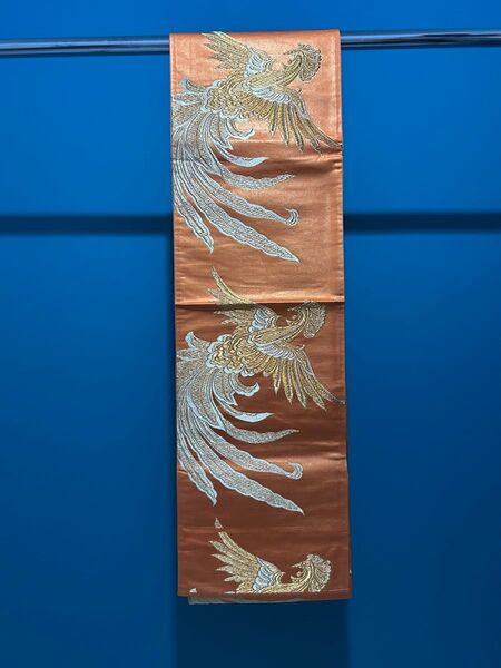 レディース着物帯15 振袖 留袖 結婚式 成人式 オレンジ 金糸 鳳凰柄 花魁 舞妓 芸妓 コスプレ衣装 袋帯