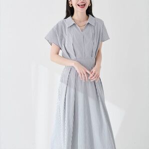 Natural couture 涼しげスキッパー襟お上品ワンピース 半袖ワンピース シャツワンピース