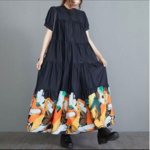 SALE大きいサイズ レディース ロング ワンピース オレンジ 鮮やか 夏 新品 半袖