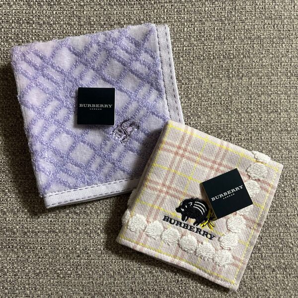 【新品】 BURBERRY バーバリー タオルハンカチ 2枚セット パープル ベージュ 小さめサイズ
