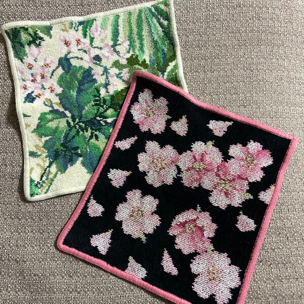 【used品】FEILER フェイラー ハンカチ 2枚セット 花柄 ブラック グリーン 桜 シェニール織