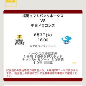 6/3 ソフトバンクホークス対中日ドラゴンズ戦 チケット(ホークス応援指定席通路側)