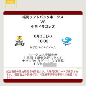 6/3 ソフトバンクホークスvs中日ドラゴンズ チケットホークス応援指定席(通路側)