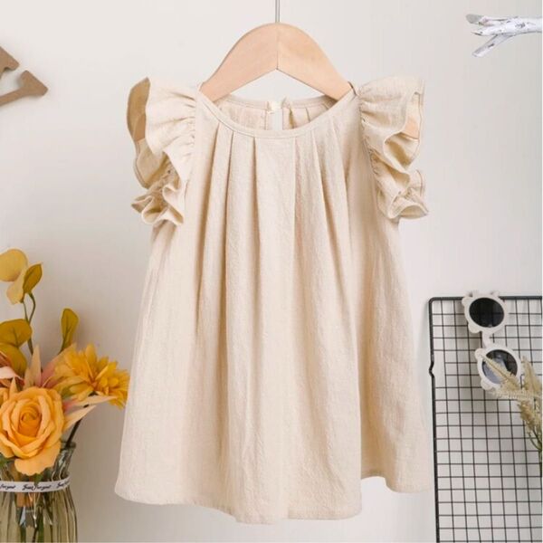 SHEIN 女の子 フリル袖 ワンピース ベージュ コット80cm