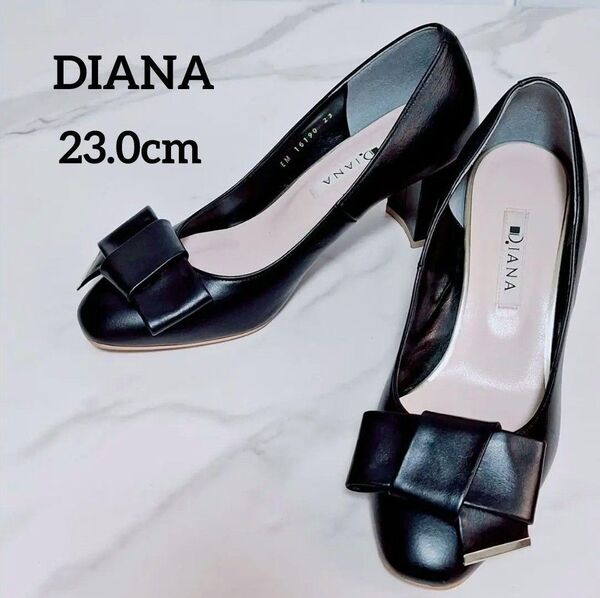 【良品】DIANA ダイアナ パンプス 23cm リボン 黒 レザー