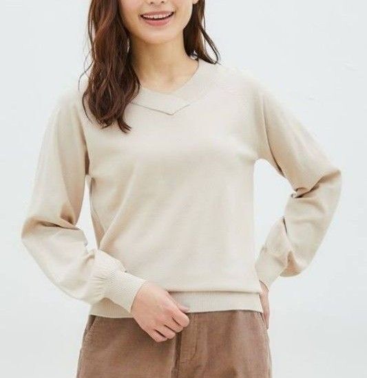 Honeys ハニーズ ヒアルロン酸 Vネック ニット 長袖 ベージュ M