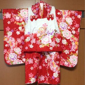 ★ 七五三 3歳 着物 被布セット 赤地 花柄 / ファー 着せ付け方DVD付き
