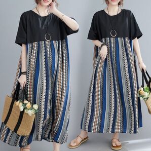 M ロングワンピース マキシ 切替え 半袖 夏 きれいめ 大きいサイズ エスニック マルチカラー パッチワーク