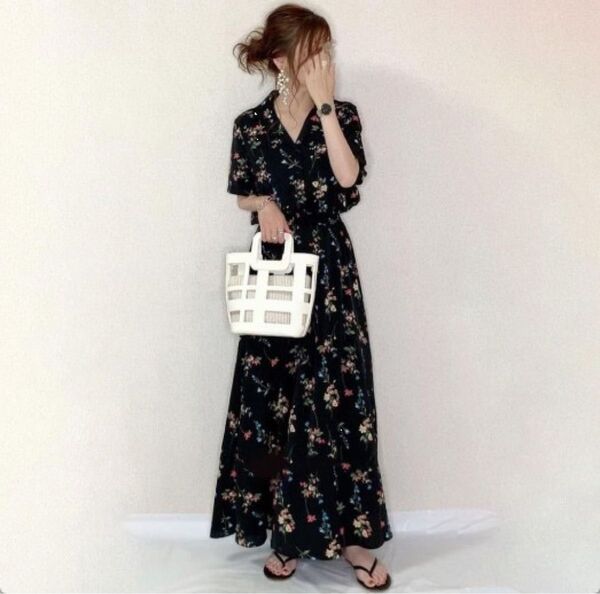 2L ロングワンピース 花柄 黒 マキシ丈 シフォン 半袖 夏 スカート ブラック レディース Aライン シフォン 襟付き