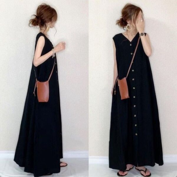M 夏 ロングワンピース マキシ丈 Aライン Vネック 黒色 ブラック 秋 シャツ コーデ 大人可愛い服 ノースリーブ 半袖