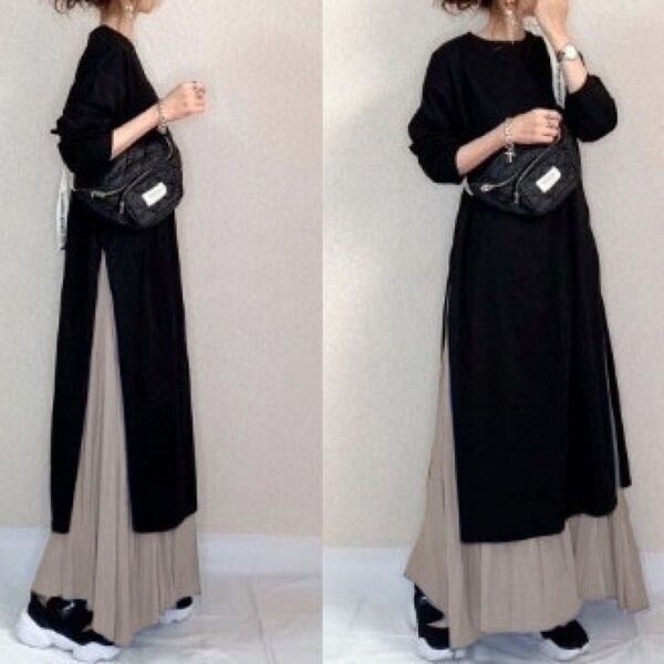 M ロングワンピース セットアップ スカート 長袖 春 ブラック 黒 大きいサイズ コーデ 服 レディース スリット