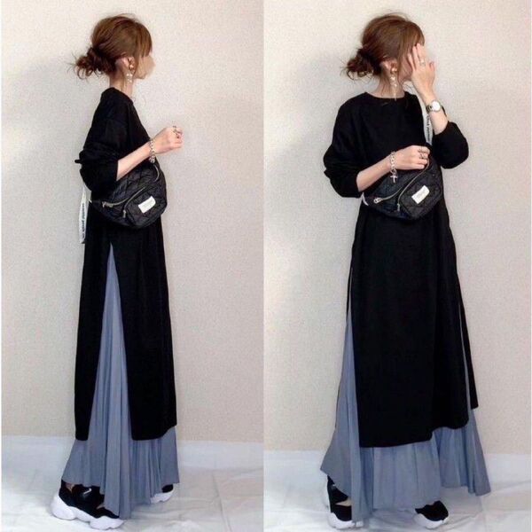 M ロングワンピース セットアップ スカート 長袖 春 ブラック 黒 大きいサイズ コーデ 服 レディース スリット