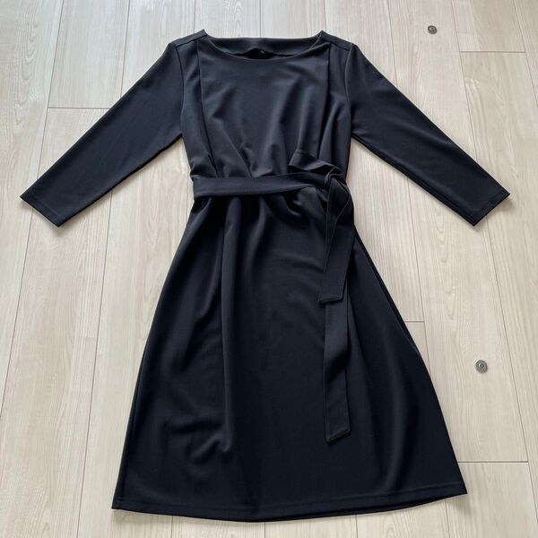 黒ワンピース リボン付き ストレッチ フォーマル 礼服 喪服 M