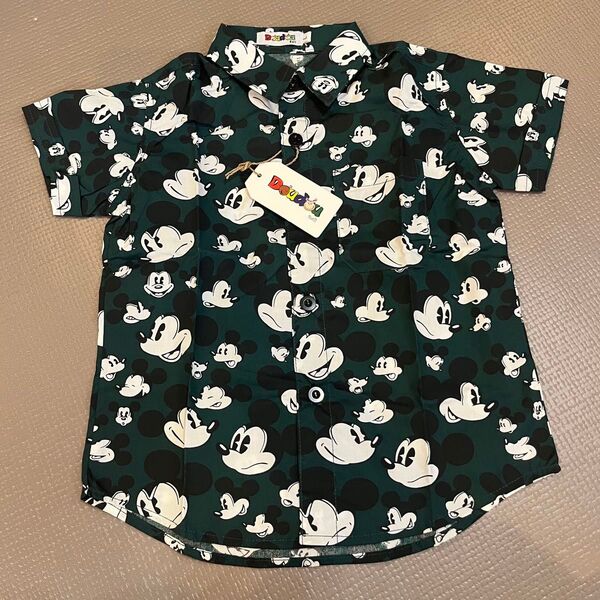 Doudou Disney ミッキーマウス シャツ 100 110 グリーン 緑 総柄 Tシャツ カットソー トップス 羽織