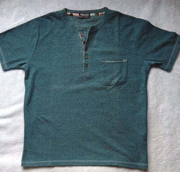 メンズ ヘンリーネック半袖Tシャツ カットソー緑がかった ネイビー色Lサイズ ポケットあり