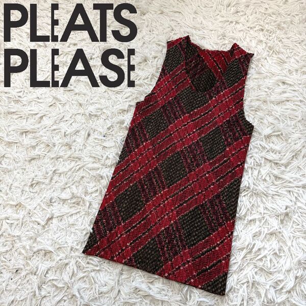 【PLEATS PLEASE】プリーツプリーズ イッセイミヤケ ノースリーブ チェック柄 タンクトップ