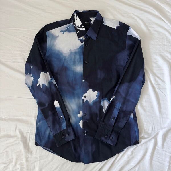 超希少 HUGO BOSS 総柄シャツ L ネイビー 定価5万 19AW即完品 ヒューゴボス 大谷翔平選手愛用ブランド 美品