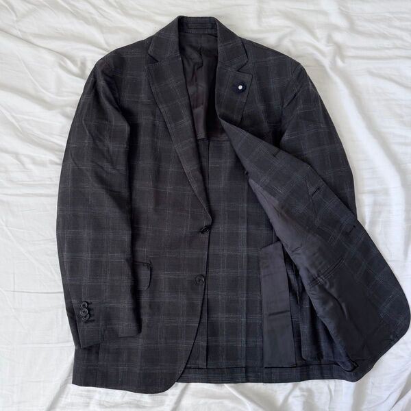 特価 LARDINI テーラードジャケット シルク混 リネン チェック 46 ビジネス ラルディーニ 背抜き 定価12万 春夏