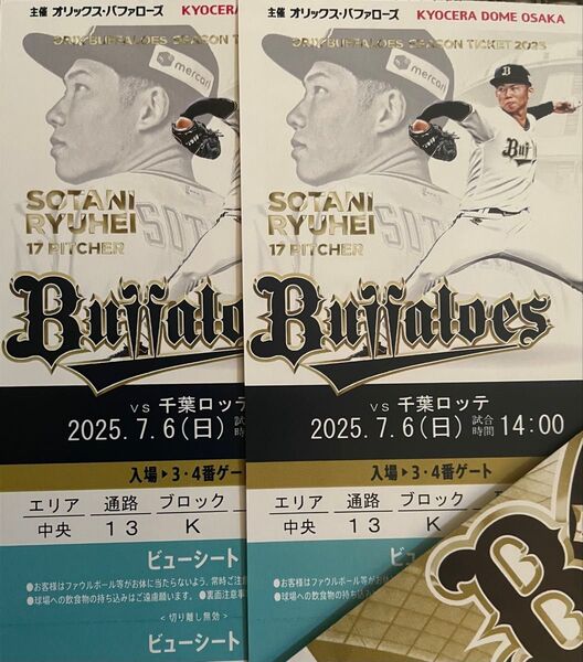 オリックス対 ロッテ 7/6(日) ビューシートチケット 2枚