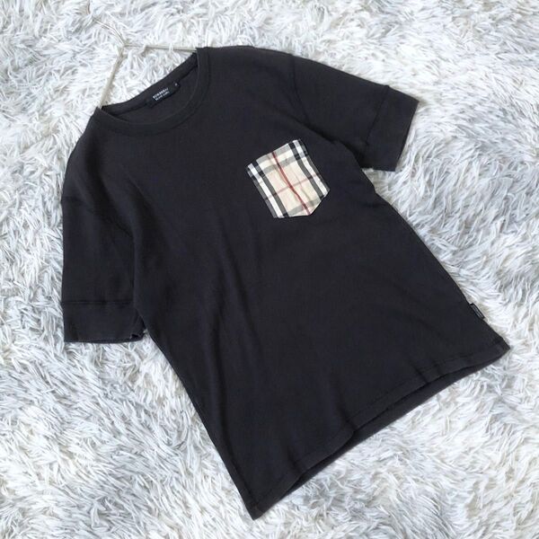 ◇バーバリーブラックレーベル【2】リブ 半袖 Tシャツ/カットソー ノバチェック柄ポケット 半袖 Tシャツ カットソー トップス