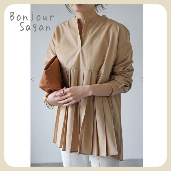 ◇◇残2◇◇ 【新品タグ付き】プリーツ切替バンドカラーシャツ / ベージュ Bonjour Sagan