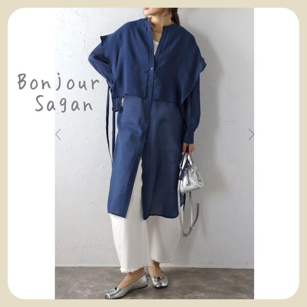 ◇◇残2◇◇【新品タグ付き】バンドカラーデザインシャツワンピース / ネイビー Bonjour Sagan