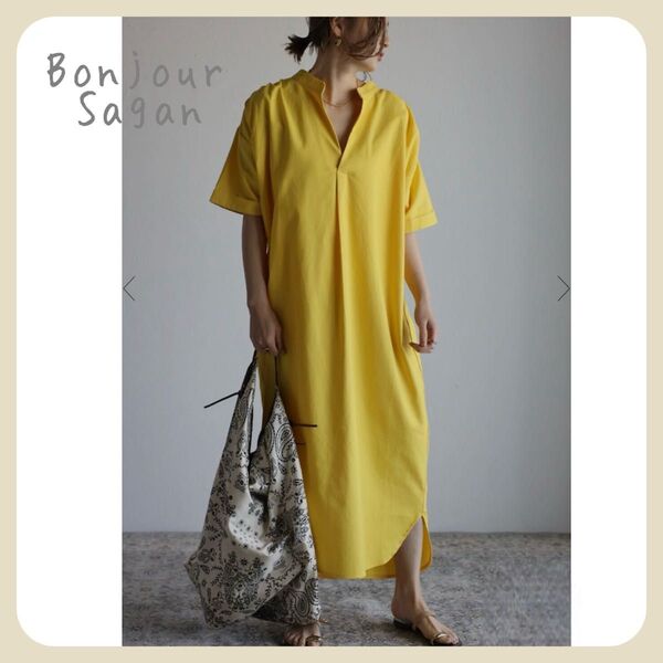 ◇◇残りわずか◇◇【新品タグ付き】バックデザインVネックワンピース / イエロー Bonjour sagan*ペチコート・裏地なし