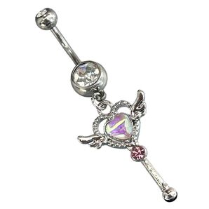 へそピアス ストーン付きボール ハートウィング ステッキ オーロラ