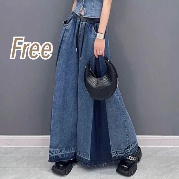 !!残り1点!!デニムワイドパンツ 袴 フレアーパンツ デニムパンツ タックバイカラー プリーツ