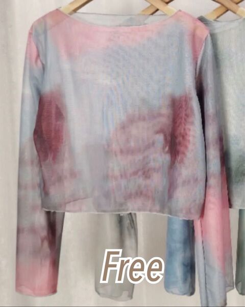 ピンク シアートップス タイダイ クロップドTシャツ メッシュ シースルー 韓国