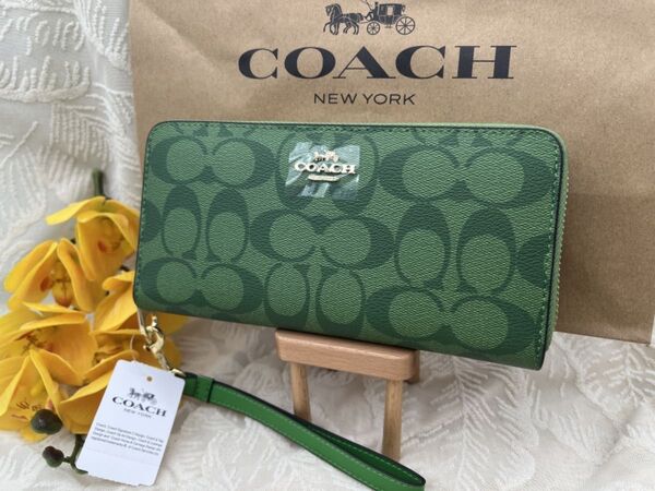 COACH 長財布 コーチ 財布 シグネチャー ロング ジップ アラウンド 緑 グリーン 新品 レディース ファッション