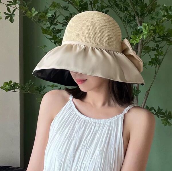 麦わら帽子 日焼け対策 UVカット つば広 レディースベージュ リボン 可愛い おしゃれ 春夏 折りたたみ 収納ポーチ付き 紐付き