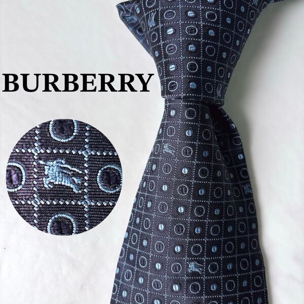 美品 BURBERRY イタリア製 ジャガード ネクタイ ホースロゴ 高級シルク ブランド ネイビー ビジネス 結婚式