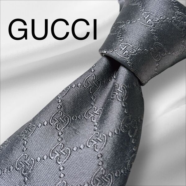 GUCCI イタリア製 高級シルク ネクタイ ジャガード織 GG柄 光沢 シルバー ハイブランド ロゴグラム
