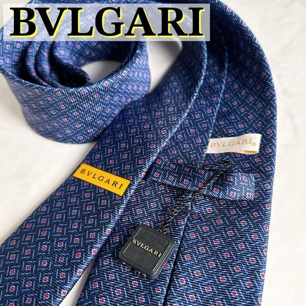 新品 BVLGARI セッテピエケ ネクタイ青系×小紋 タグ付きイタリア製 高級シルク ハイブランド