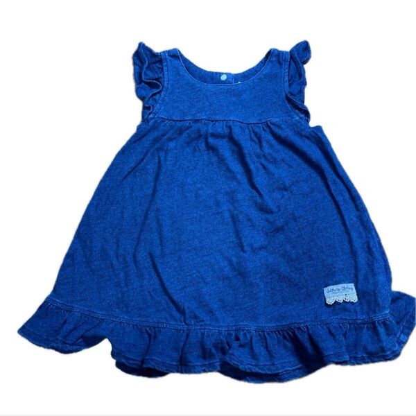 バースデイ デニムワンピース ノースリーブ フリル 女の子 ベビー服 90cm オーガニックコットン 綿100% 美品