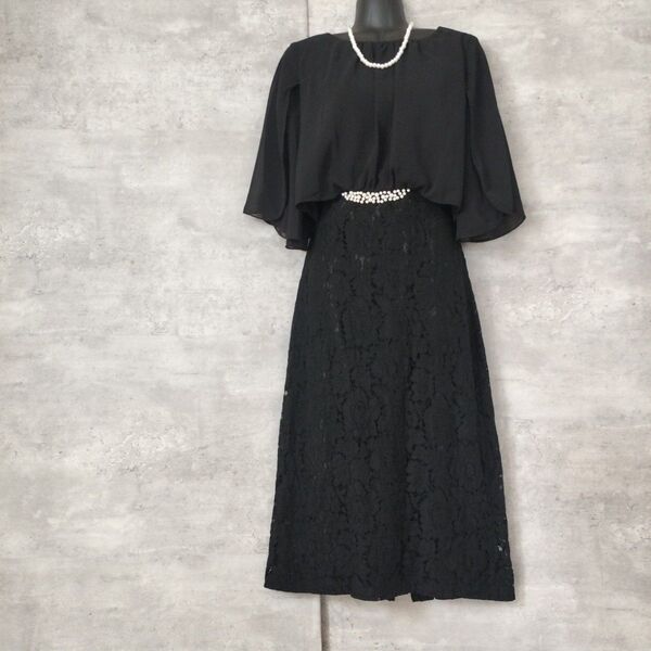 極美品LACELADIESフォーマルドレス S ドッキング黒レース ミモレ丈