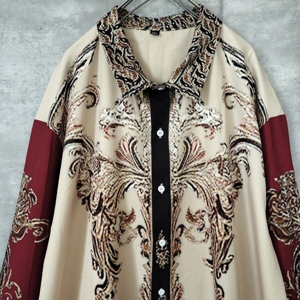 希少ヴィンテージ★美品長袖シャツ 3 XL 4Lエンジベージュ総柄デザインシャツ柄シャツスカーフ柄ヨーロピアン