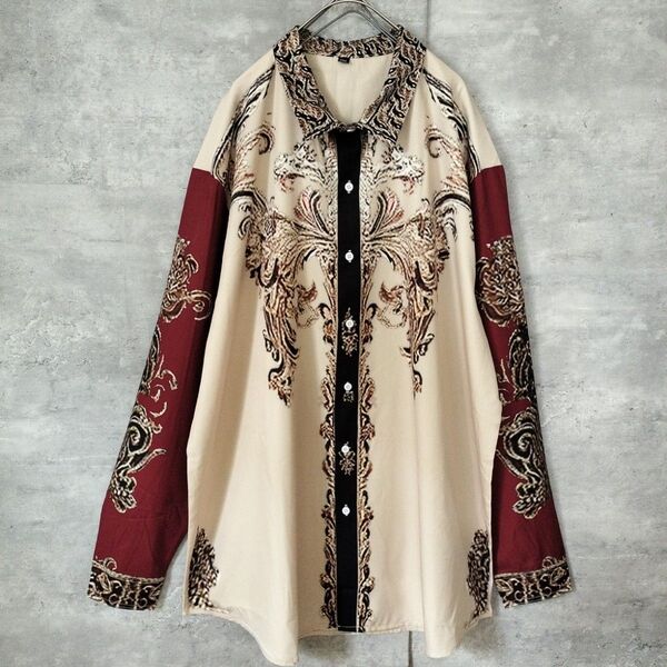 希少ヴィンテージ★美品長袖シャツ 3 XL 4Lエンジベージュ総柄デザインシャツ柄シャツスカーフ柄ヨーロピアン