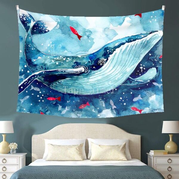タペストリー クジラ 金具付 インテリア イベント イラスト 魚 水彩画 水 模様替 壁掛け F58